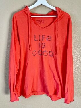 Life Is Good Crusher Lite Coral-Red V-Neck Women's Hooded Tee Size XL